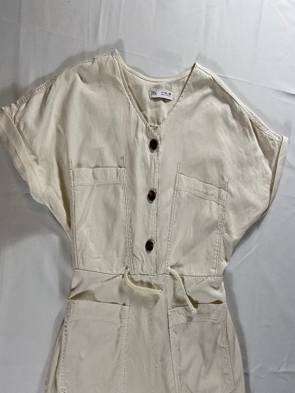Zara Girls Cream Short Sleeve Linen Blend Utility Romper with Pockets Size 11-12 - Picture 3 of 10